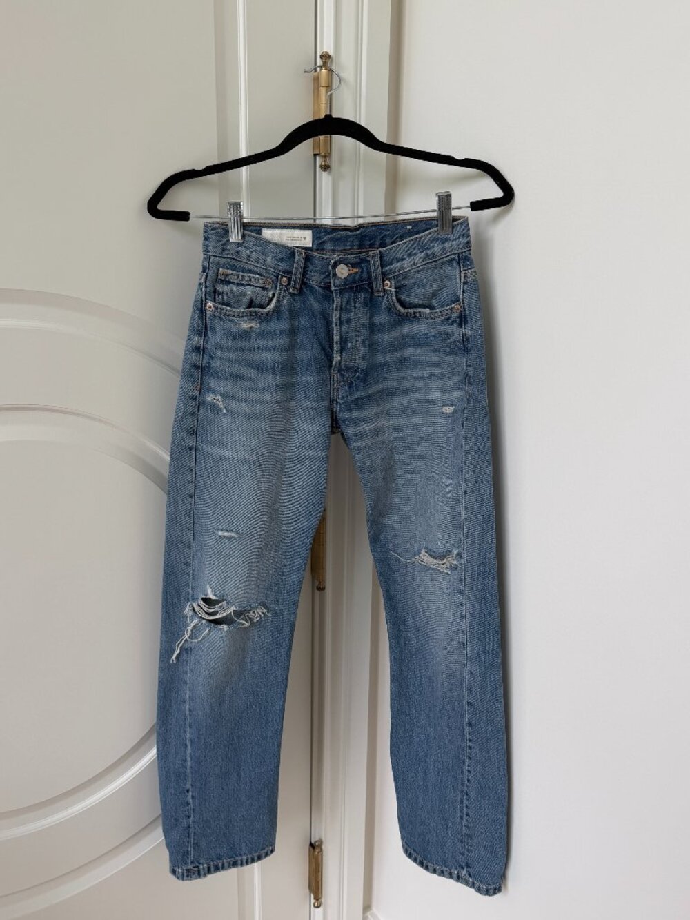 Zara Distressed Straight Leg Button Fly Jeans